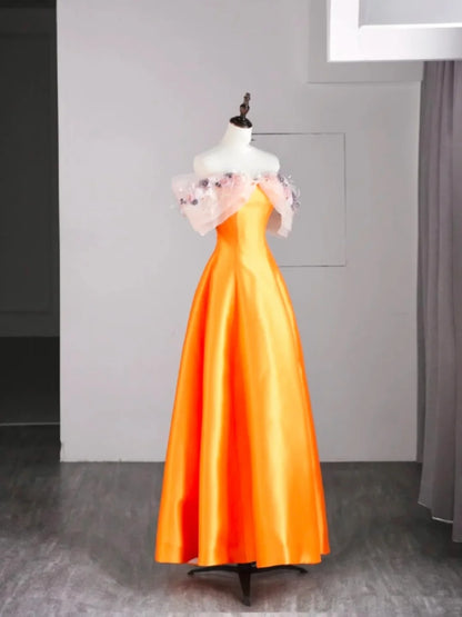 Modest A line Off The Shoulder Orange Appliqued Satin Long Prom Dresses Night Formal Dresses N579