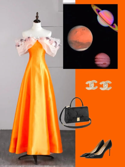 Modest A line Off The Shoulder Orange Appliqued Satin Long Prom Dresses Night Formal Dresses N579