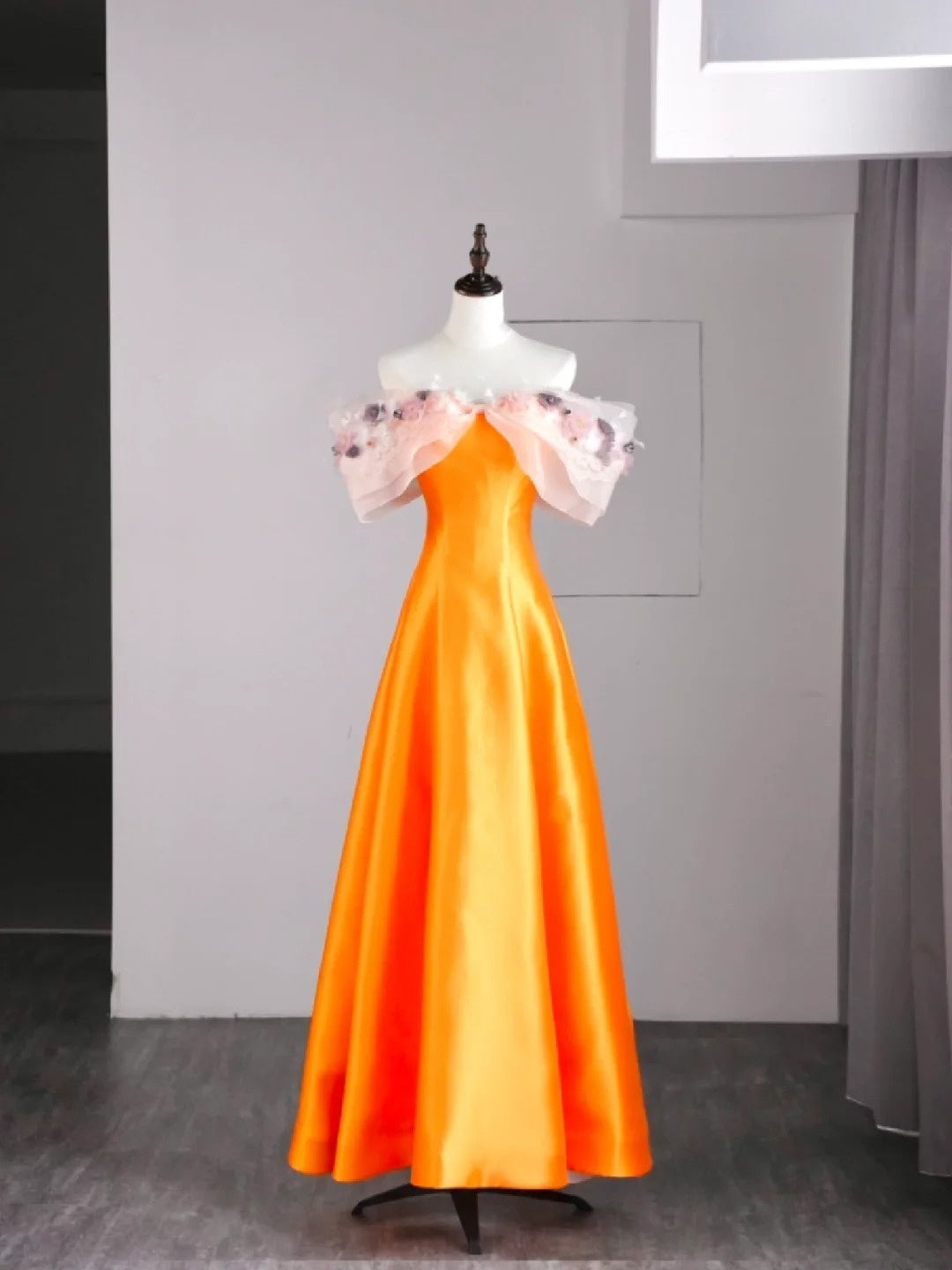 Modest A line Off The Shoulder Orange Appliqued Satin Long Prom Dresses Night Formal Dresses N579