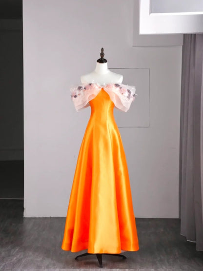 Modest A line Off The Shoulder Orange Appliqued Satin Long Prom Dresses Night Formal Dresses N579
