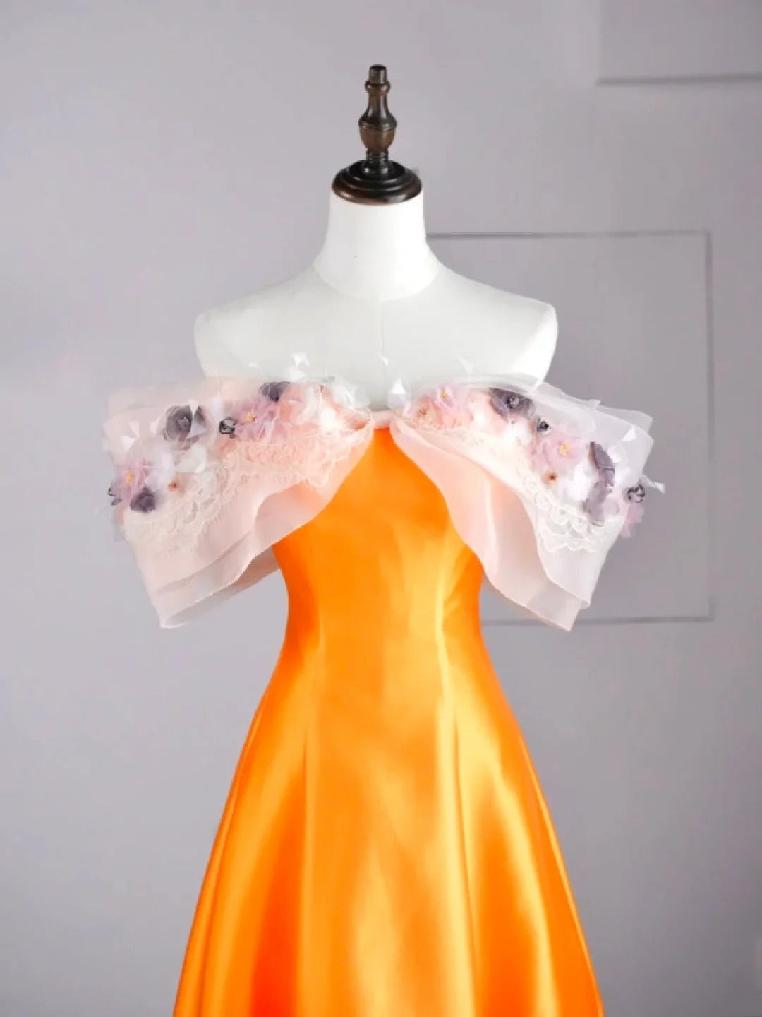 Modest A line Off The Shoulder Orange Appliqued Satin Long Prom Dresses Night Formal Dresses N579
