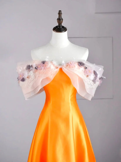 Modest A line Off The Shoulder Orange Appliqued Satin Long Prom Dresses Night Formal Dresses N579