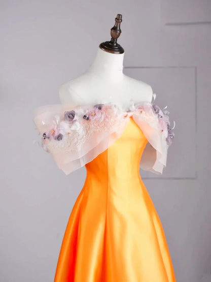 Modest A line Off The Shoulder Orange Appliqued Satin Long Prom Dresses Night Formal Dresses N579