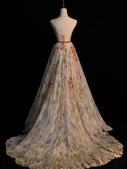 Modest A line Sweetheart Floral Tulle Long Prom Dresses Night Formal Dresses N580