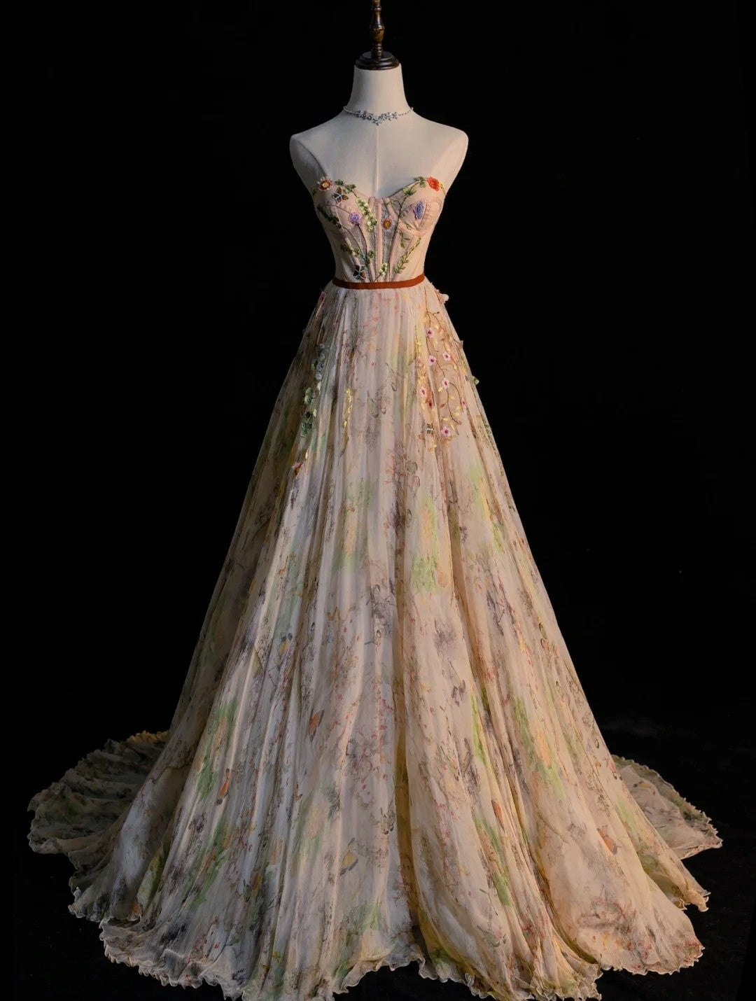 Modest A line Sweetheart Floral Tulle Long Prom Dresses Night Formal Dresses N580