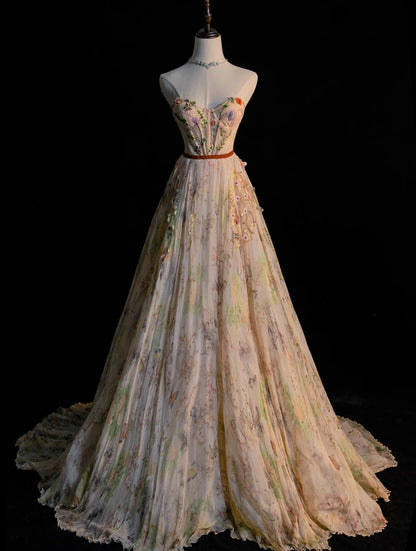 Modest A line Sweetheart Floral Tulle Long Prom Dresses Night Formal Dresses N580
