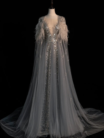 Modest A line V Neckline Silver Grey Tulle With Beaded Bodice Long Prom Dresses Night Formal Dresses N581