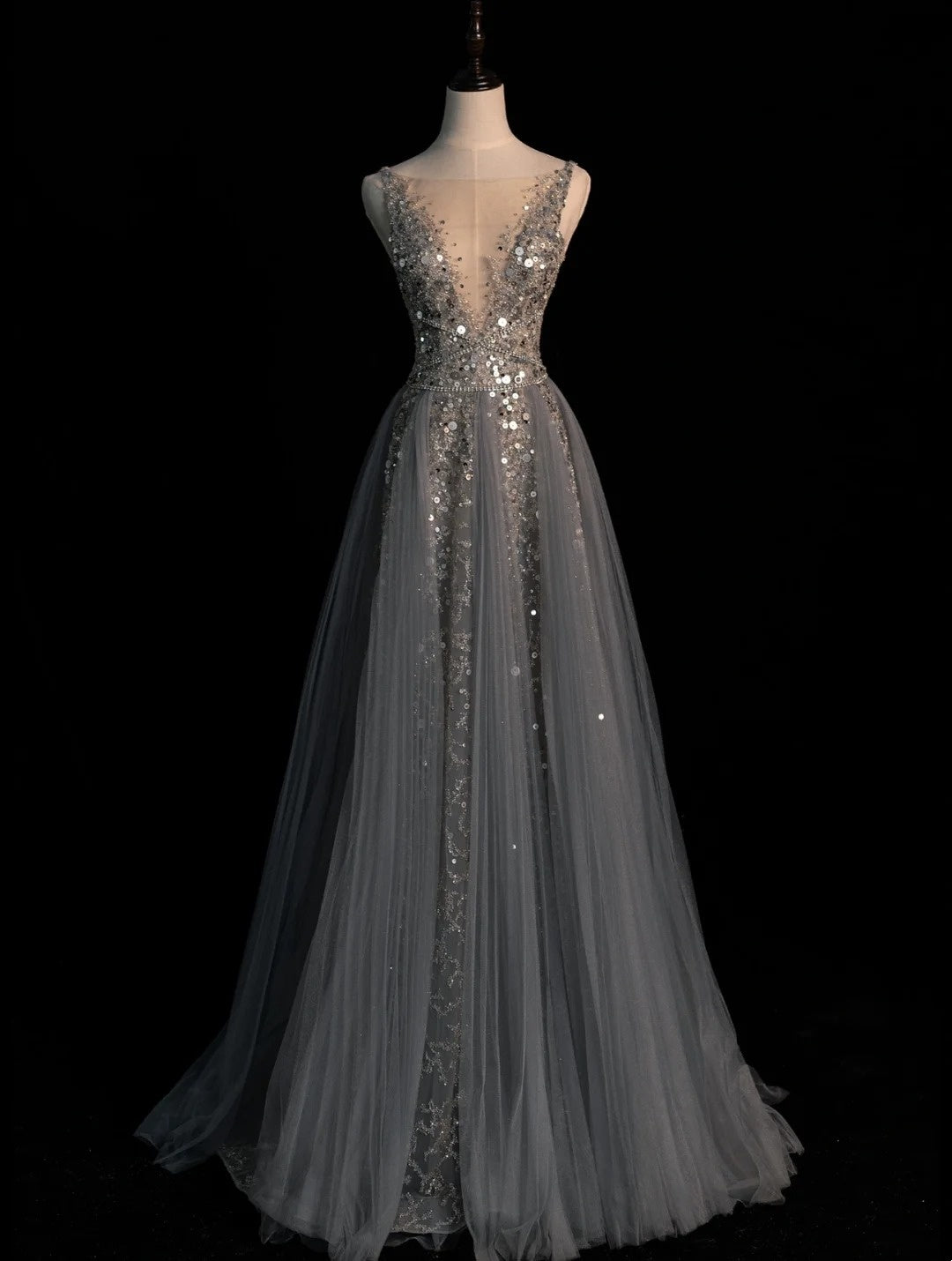 Modest A line V Neckline Silver Grey Tulle With Beaded Bodice Long Prom Dresses Night Formal Dresses N581