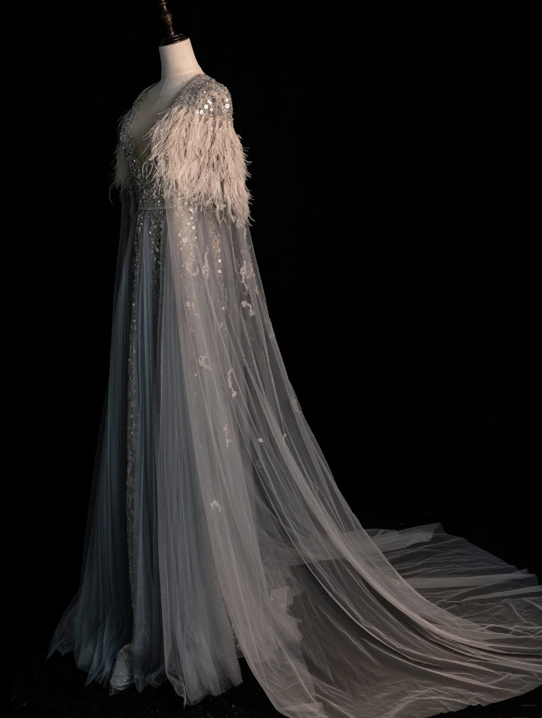 Modest A line V Neckline Silver Grey Tulle With Beaded Bodice Long Prom Dresses Night Formal Dresses N581