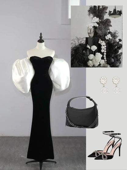 Modest Mermaid Sweetheart Black Velvet With Cape Satin Long Prom Dresses Night Formal Dresses N582