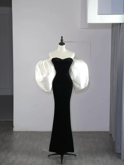 Modest Mermaid Sweetheart Black Velvet With Cape Satin Long Prom Dresses Night Formal Dresses N582