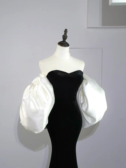 Modest Mermaid Sweetheart Black Velvet With Cape Satin Long Prom Dresses Night Formal Dresses N582