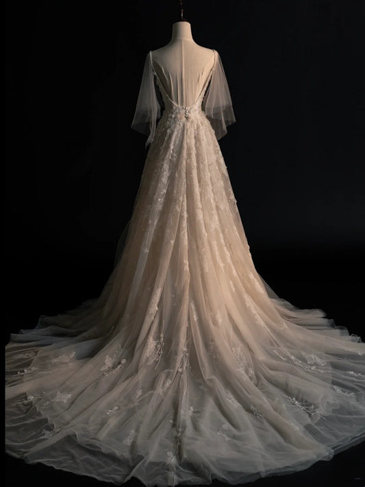 Civil Wedding Dresses A Line Spaghetti Straps Floral White With Beaded Bodice Brides Dress Fitted Bridal Gowns N584