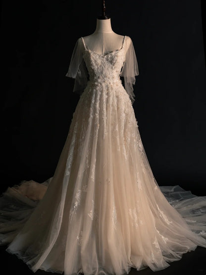 Civil Wedding Dresses A Line Spaghetti Straps Floral White With Beaded Bodice Brides Dress Fitted Bridal Gowns N584