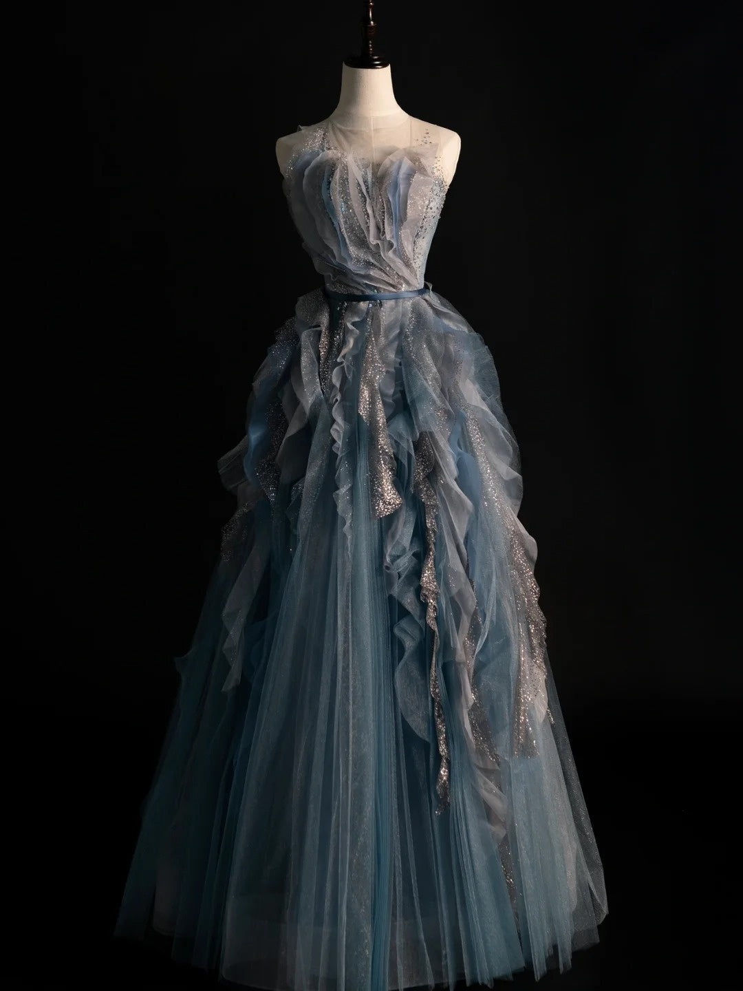 Modest A line Sweetheart Blue Grey Tulle With Ruffle Bodice Long Prom Dresses Night Formal Dresses N585