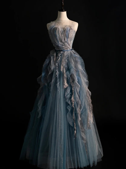 Modest A line Sweetheart Blue Grey Tulle With Ruffle Bodice Long Prom Dresses Night Formal Dresses N585