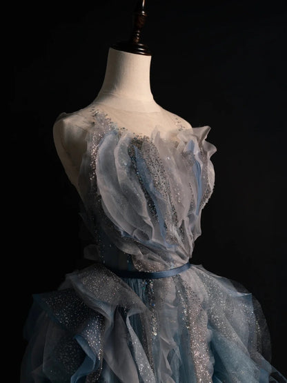 Modest A line Sweetheart Blue Grey Tulle With Ruffle Bodice Long Prom Dresses Night Formal Dresses N585