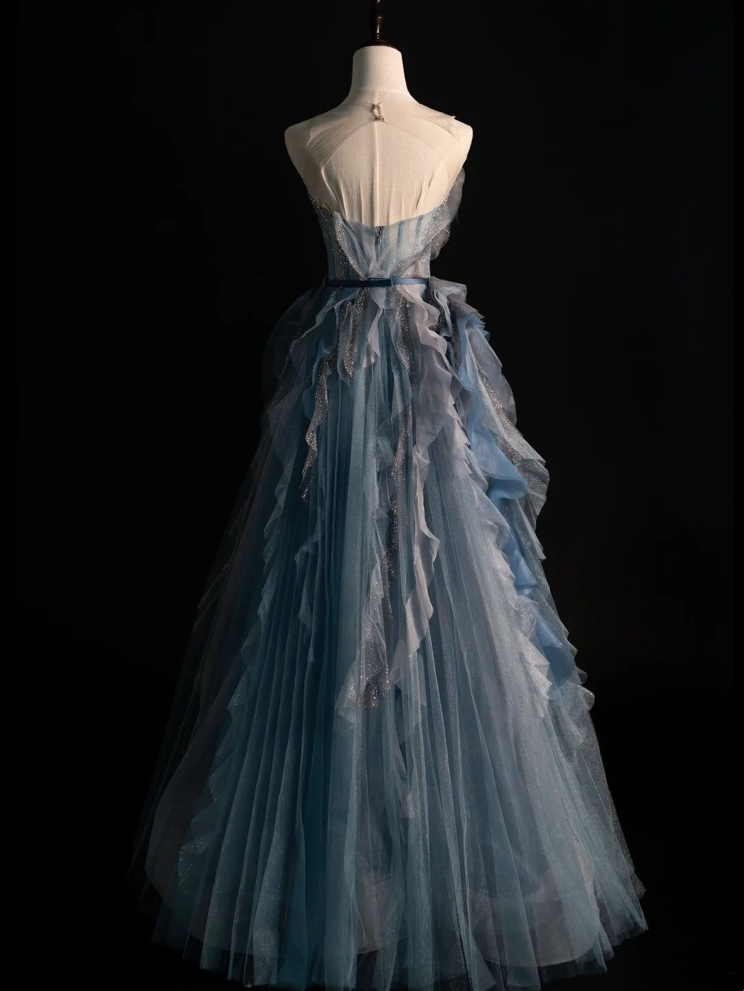 Modest A line Sweetheart Blue Grey Tulle With Ruffle Bodice Long Prom Dresses Night Formal Dresses N585