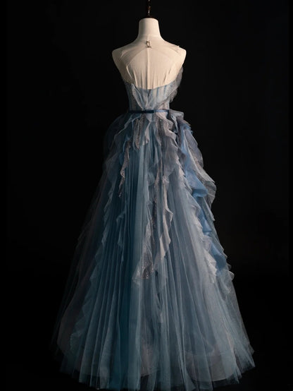 Modest A line Sweetheart Blue Grey Tulle With Ruffle Bodice Long Prom Dresses Night Formal Dresses N585