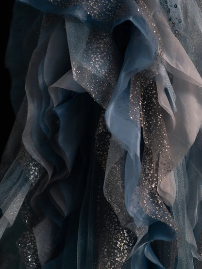 Modest A line Sweetheart Blue Grey Tulle With Ruffle Bodice Long Prom Dresses Night Formal Dresses N585