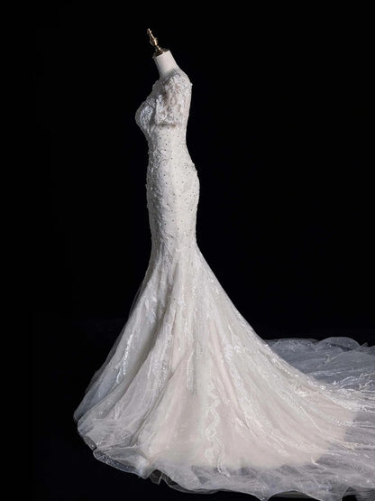 Civil Wedding Dresses Mermaid Scoop Neck White Sequin With Beaded Bodice Short Sleeves Brides Dress Fitted Bridal Gowns N607