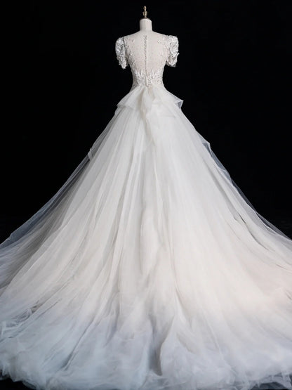 Civil Wedding Dresses Mermaid Scoop Neck White Sequin With Beaded Bodice Short Sleeves Brides Dress Fitted Bridal Gowns N607