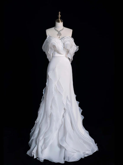 Civil Wedding Dresses Mermaid Off The Shoulder White Chiffon With Ruffles Bodice Short Sleeves Brides Dress Fitted Bridal Gowns N608