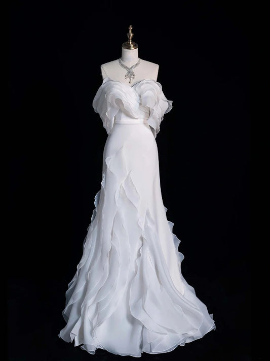 Civil Wedding Dresses Mermaid Off The Shoulder White Chiffon With Ruffles Bodice Short Sleeves Brides Dress Fitted Bridal Gowns N608