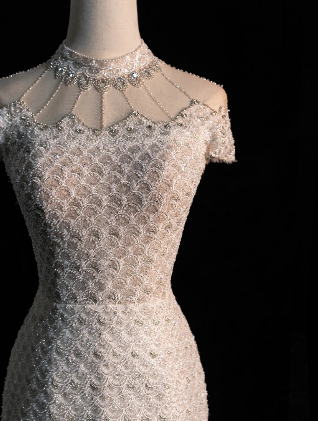 Civil Wedding Dresses Mermaid High Neck White Sequin With Beaded Bodice Sleeves Brides Dress Fitted Bridal Gowns N605
