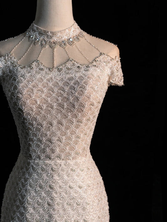 Civil Wedding Dresses Mermaid High Neck White Sequin With Beaded Bodice Sleeves Brides Dress Fitted Bridal Gowns N605