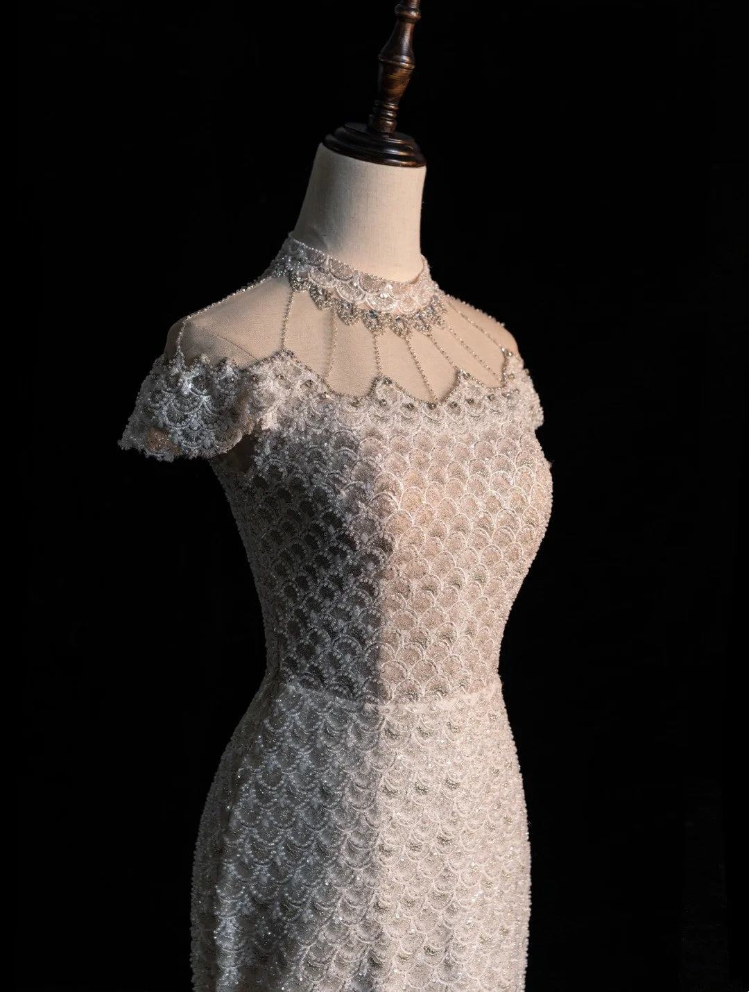 Civil Wedding Dresses Mermaid High Neck White Sequin With Beaded Bodice Sleeves Brides Dress Fitted Bridal Gowns N605