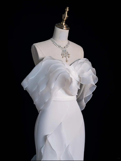 Civil Wedding Dresses Mermaid Off The Shoulder White Chiffon With Ruffles Bodice Short Sleeves Brides Dress Fitted Bridal Gowns N608