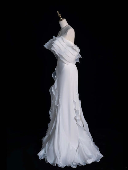 Civil Wedding Dresses Mermaid Off The Shoulder White Chiffon With Ruffles Bodice Short Sleeves Brides Dress Fitted Bridal Gowns N608