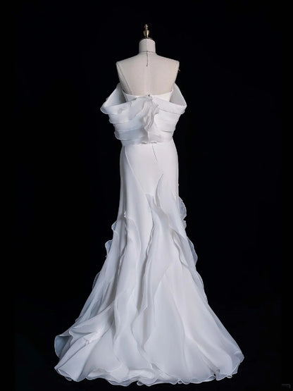 Civil Wedding Dresses Mermaid Off The Shoulder White Chiffon With Ruffles Bodice Short Sleeves Brides Dress Fitted Bridal Gowns N608