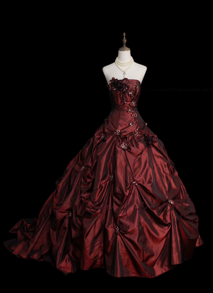 Retro Ball Gown Strapless Burgundy 60s Prom Dresses Fashion Evening Gowns Long Formal Party Dress N830