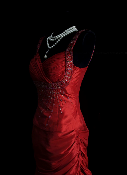Retro Classy Mermaid Sweetheart With Straps 1950s Burgundy Satin Pleated Long Prom Dresses Formal Gowns N831