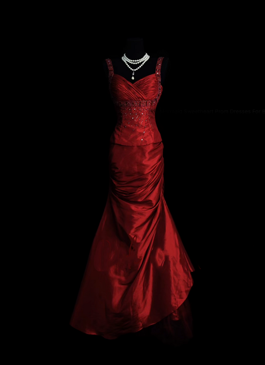 Retro Classy Mermaid Sweetheart With Straps 1950s Burgundy Satin Pleated Long Prom Dresses Formal Gowns N831