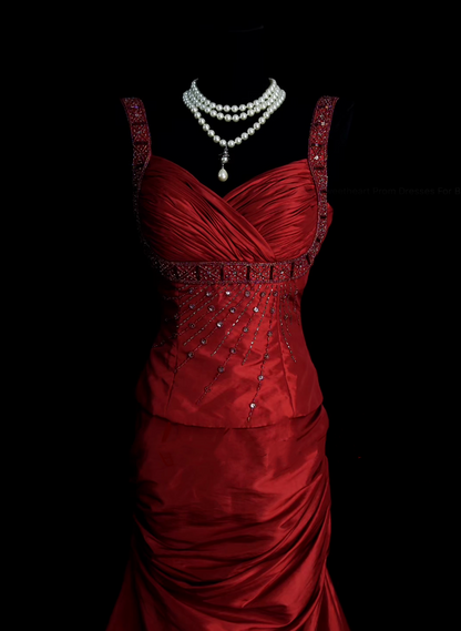 Retro Classy Mermaid Sweetheart With Straps 1950s Burgundy Satin Pleated Long Prom Dresses Formal Gowns N831