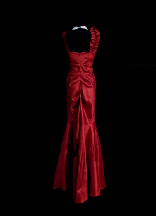 Retro Classy Mermaid V Neck 1950s Burgundy Satin Pleated Long Prom Dresses Formal Gowns N833