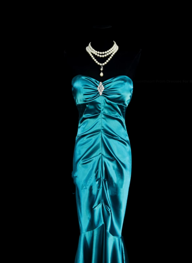 Retro Classy Mermaid Sweetheart With Pleated 1950s Blue Satin Long Prom Dresses Formal Gowns N834