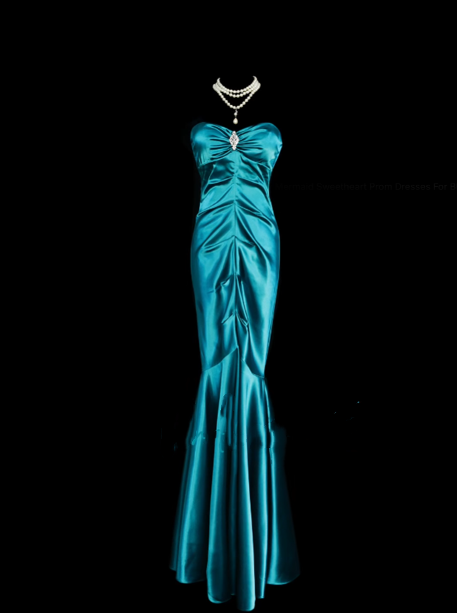 Retro Classy Mermaid Sweetheart With Pleated 1950s Blue Satin Long Prom Dresses Formal Gowns N834