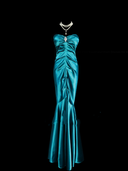 Retro Classy Mermaid Sweetheart With Pleated 1950s Blue Satin Long Prom Dresses Formal Gowns N834