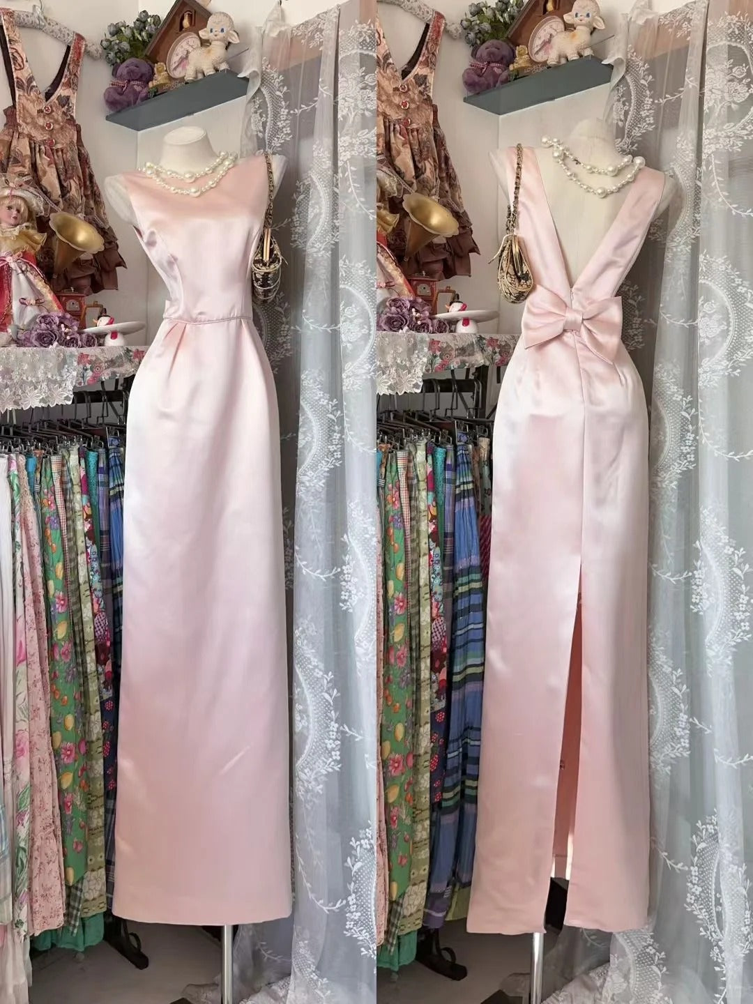 Modest Sheath Scoop Neck Pink Satin Long Prom Dresses Party Dress 21st Birthday Outfits Graduation Dress N835