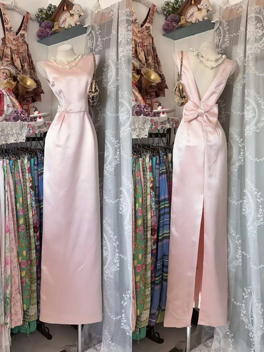 Modest Sheath Scoop Neck Pink Satin Long Prom Dresses Party Dress 21st Birthday Outfits Graduation Dress N835