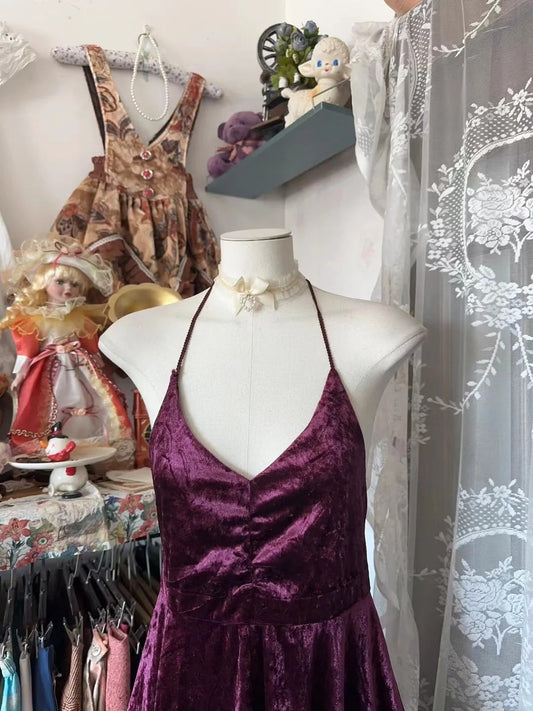Retro Classy A Line Halter Velvet Grape 1950s Prom Dresses Formal Gowns N842