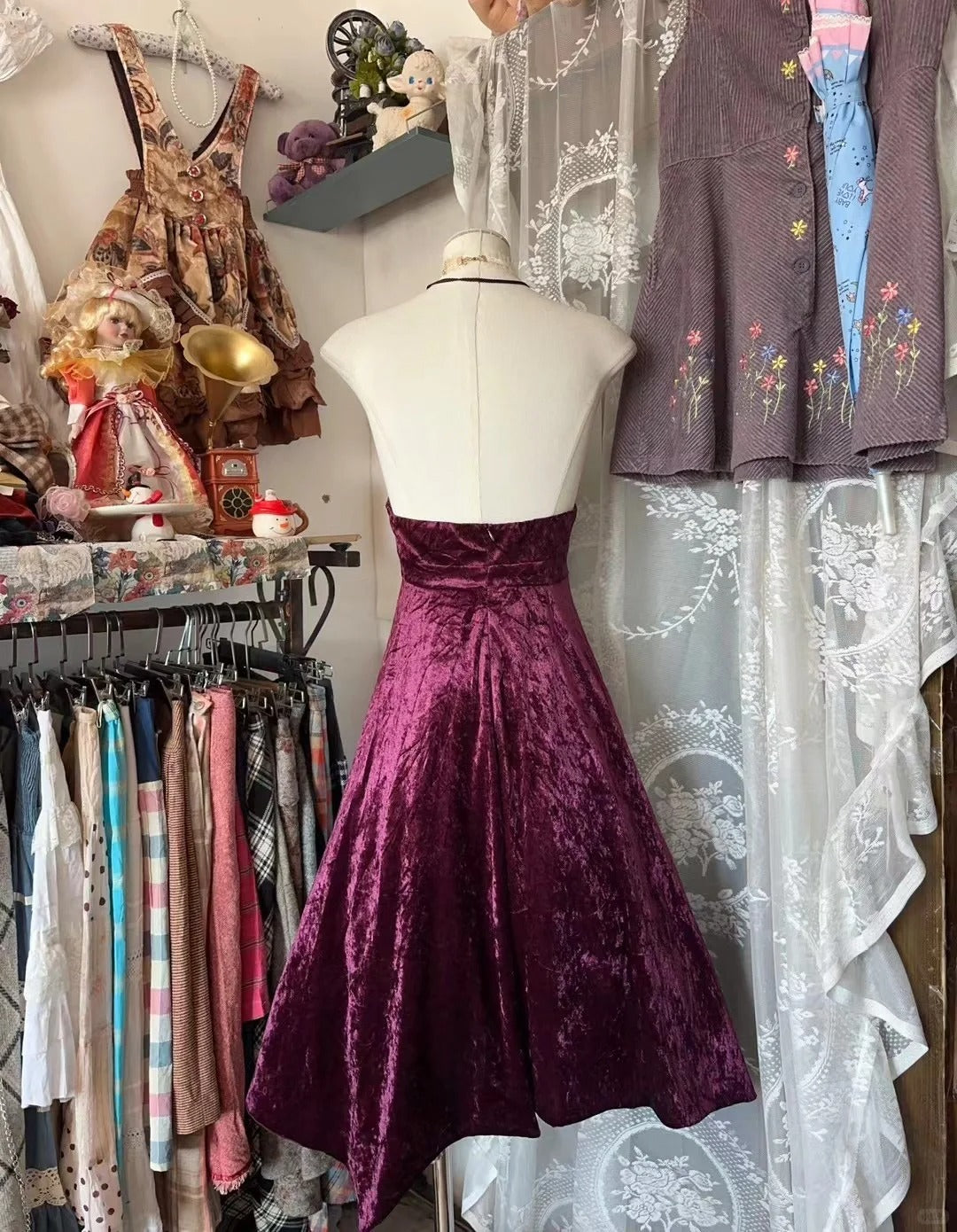 Retro Classy A Line Halter Velvet Grape 1950s Prom Dresses Formal Gowns N842