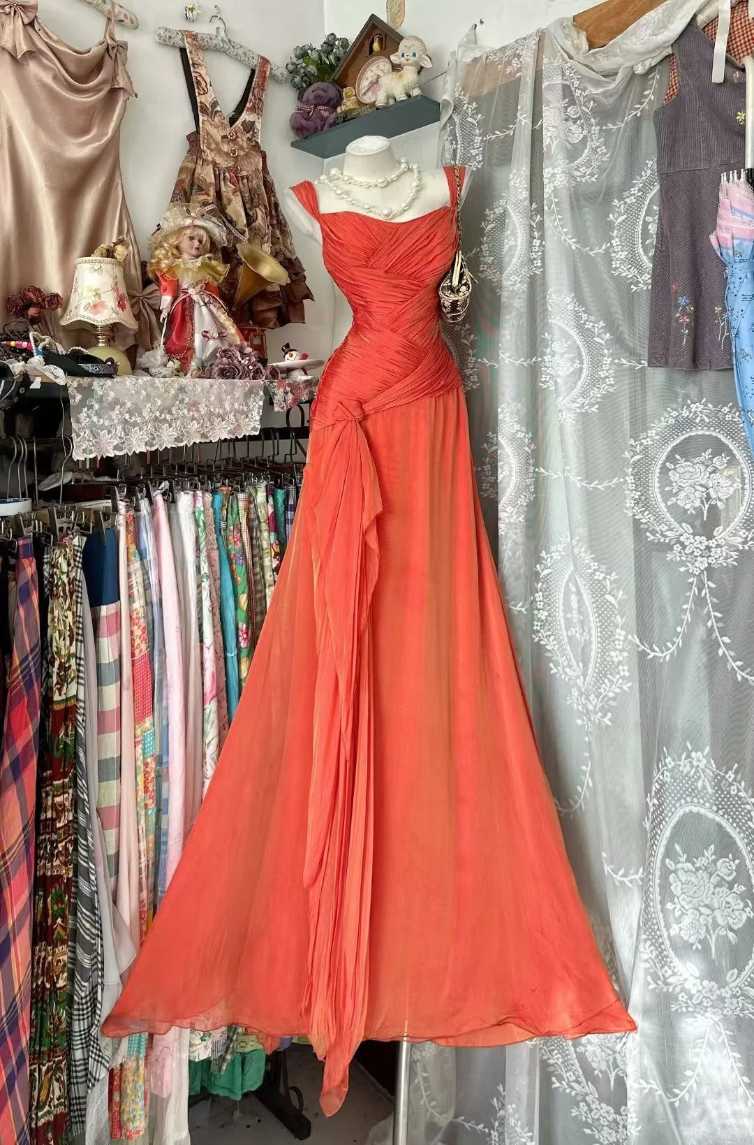 Modest Mermaid Orange Straps Chiffon Long Prom Dresses Party Dress 21st Birthday Outfits Graduation Gown N843