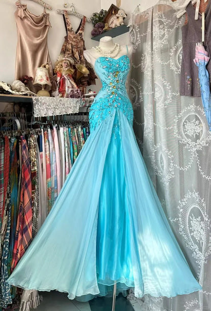 Retro Classy Mermaid Spaghetti Strap Blue Chiffon With Beaded Crystals 1950s Prom Dresses Formal Gowns N844