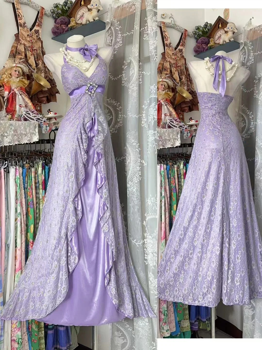 Modest Mermaid Halter Lilac Lace Long Prom Dresses Party Dress 21st Birthday Outfits Graduation Gown N845
