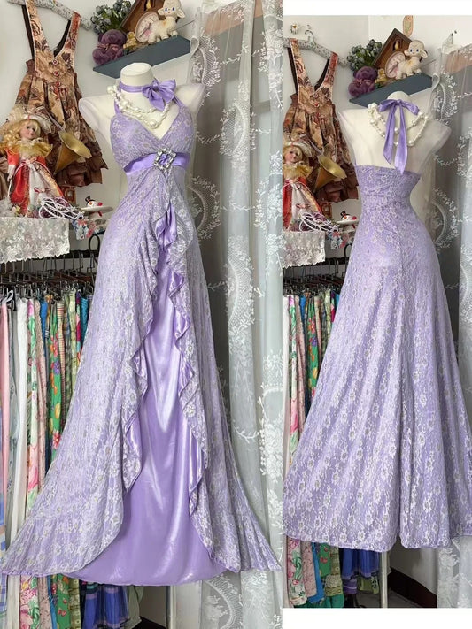 Modest Mermaid Halter Lilac Lace Long Prom Dresses Party Dress 21st Birthday Outfits Graduation Gown N845